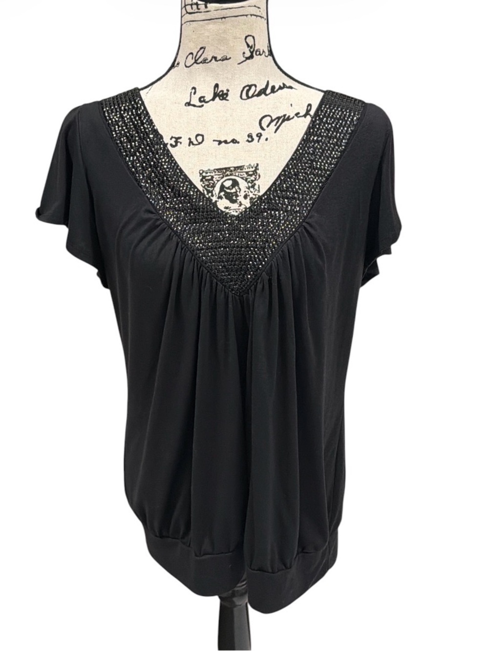 One Clothing Black Embellished Beaded V Neck Flutter Sleeve Top 1X